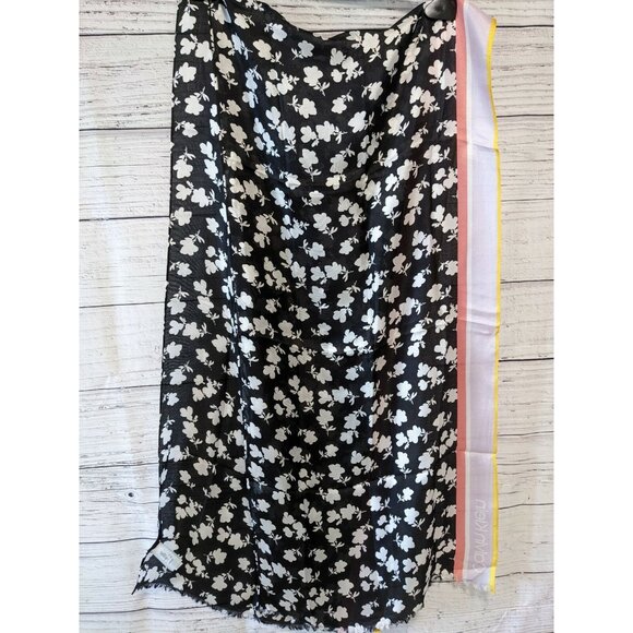 Calvin Klein 100% Silk Scarf Long Rectanle Black White Stripe Fringe Logo 70*17" - Picture 3 of 6